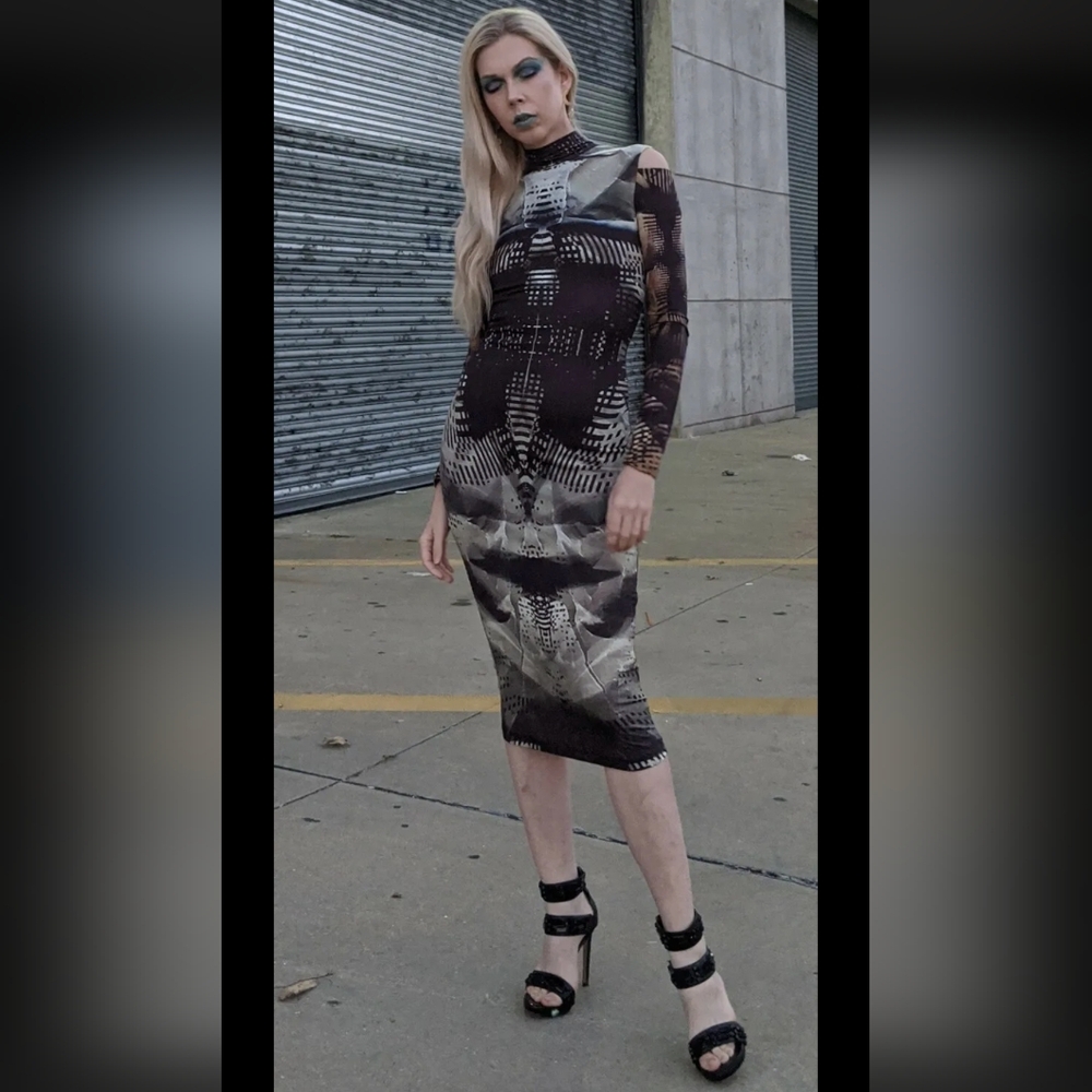 Michael Angel Printed Bodycon Dress 0 Long Sleeve Gray Yellow RARE Made in USA